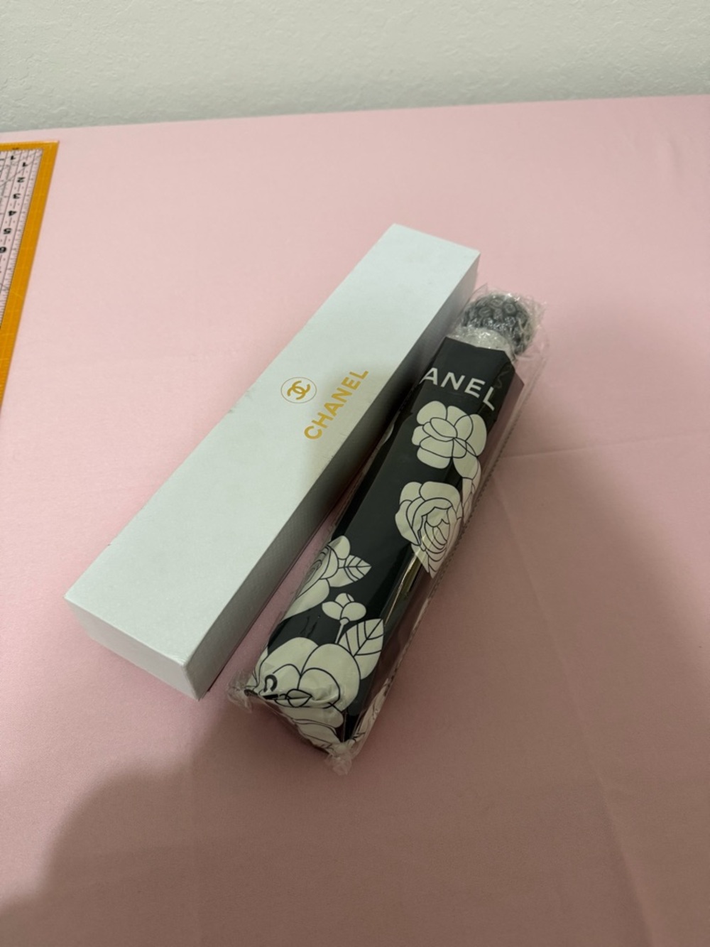 CHANEL Black Floral Compact Umbrella